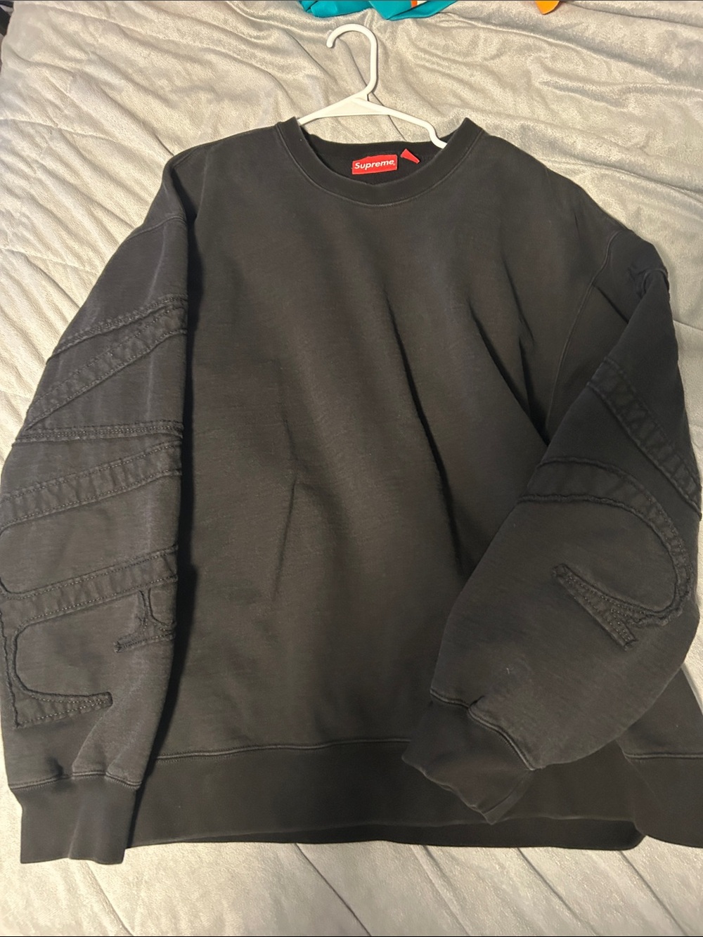 Supreme Black Crewneck with Embroidered Sleeve Detail
